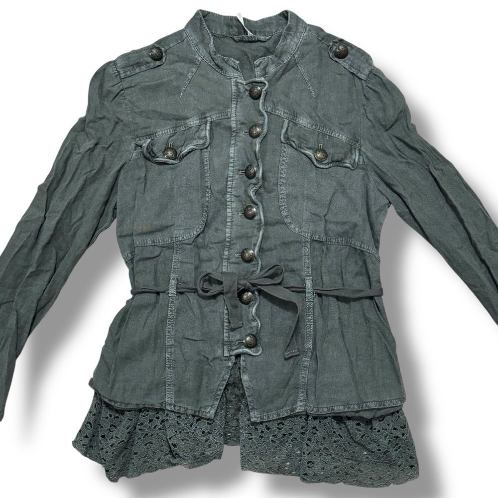 Free People Emilia Military Ruffle Jacket Bitter Olive Utility Coat Women’s S - Picture 5 of 9